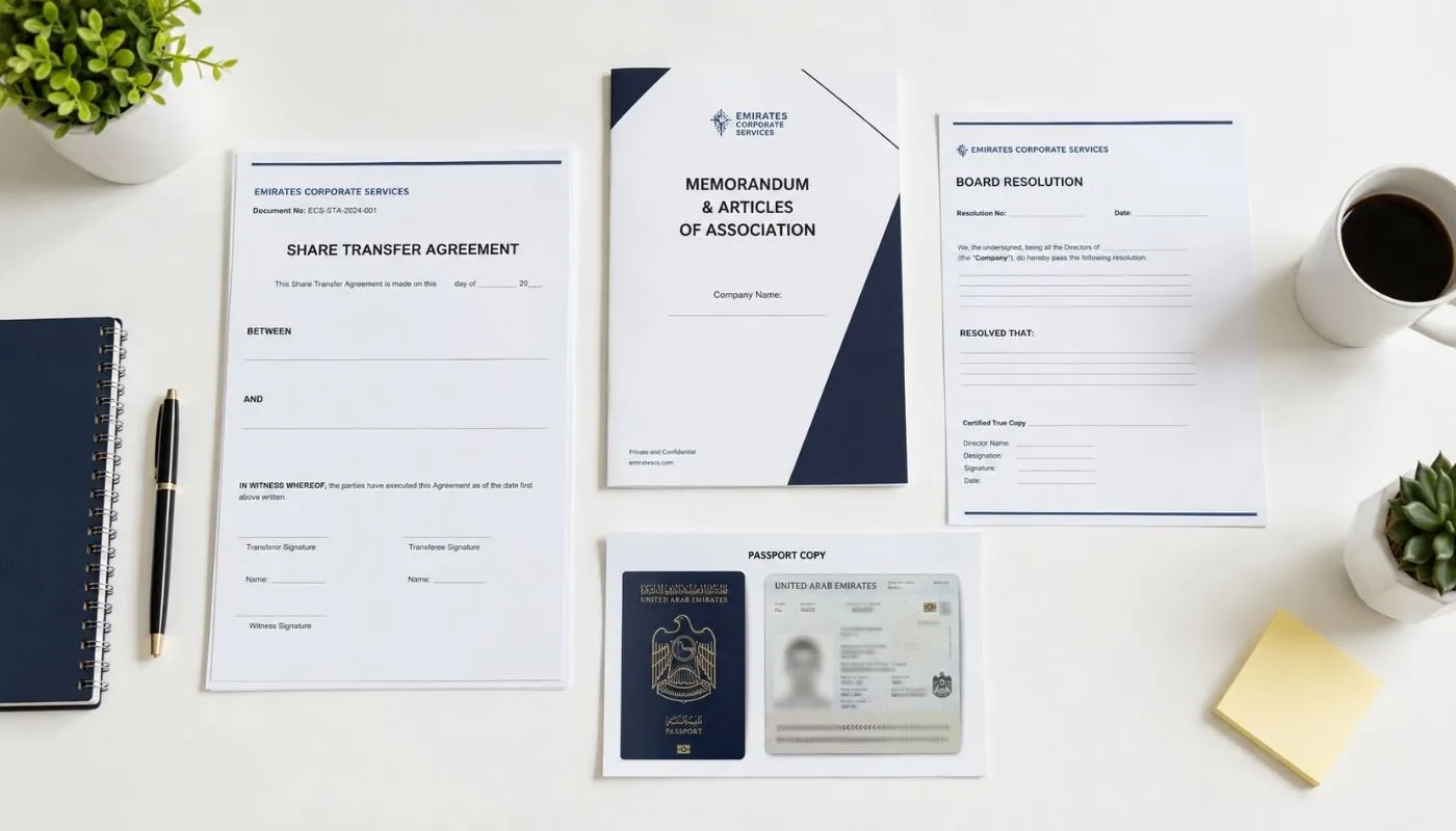 Documents required for share transfer UAE — share transfer agreement MoA and board resolution checklist